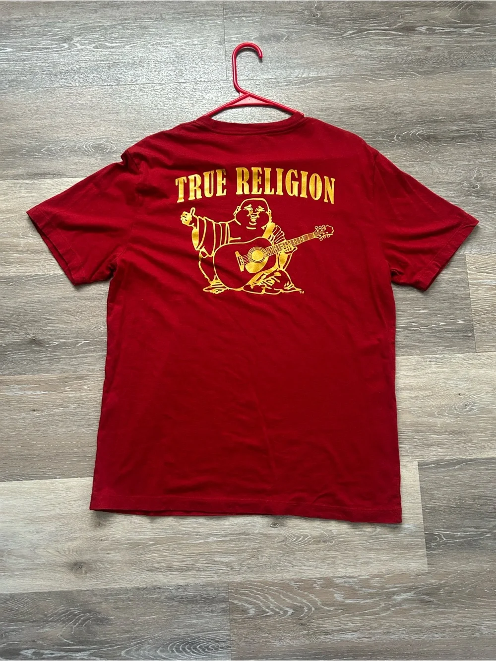 True Religion Red Short Sleeve Tee with Yellow Horseshoe Logo